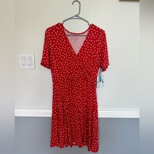 Red floral wrap dress